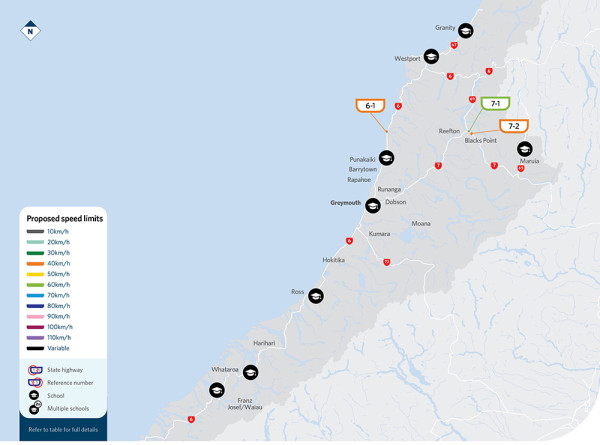 Map showing locations of proposed speed limit changes in West Coast