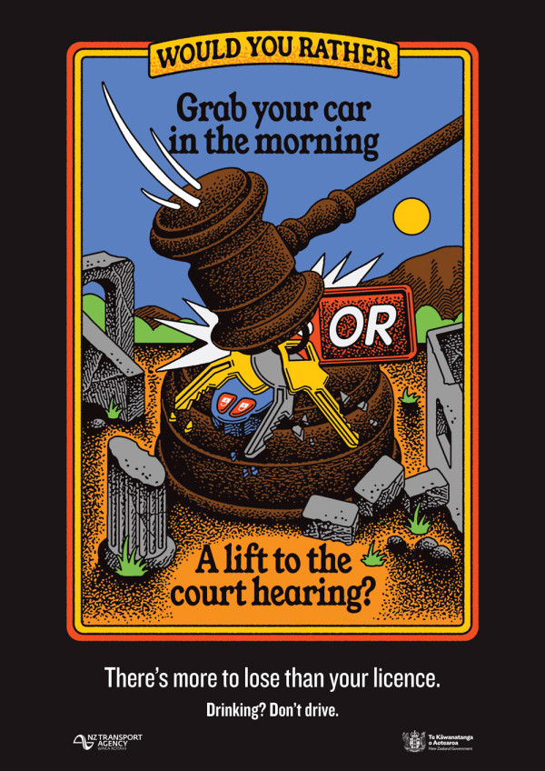 Graphic showing tarot card style illustration on left with an image of a shoe with toes poking out the front, with the words: would you rather grab your car in the morning or a lift to the court hearing? There's more to lose than your licence. Drinking? D