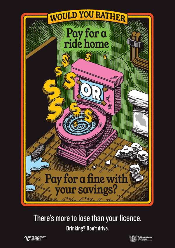 Graphic showing tarot card style illustration with an image of a toilet with dollar signs floating above, with the words: would you rather pay for a ride home or pay for a fine with your savings? There's more to lose than your licence. Drinking? D