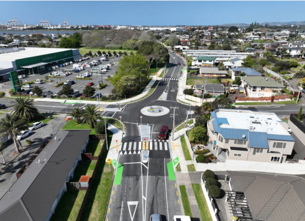 Birds eye view of the safety improvements on Bureta Road and Vale Street