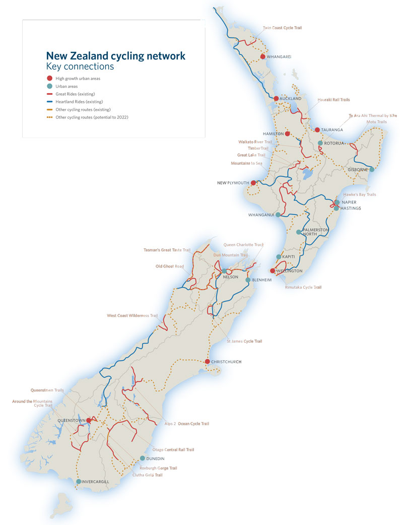 New Zealand cycling network key connections map