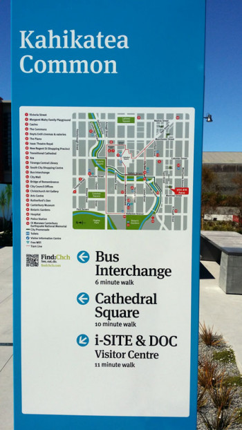 Permanent street wayfinding signage in Christchurch showing Cathedral Square, bus interchange, walkways and features of interest