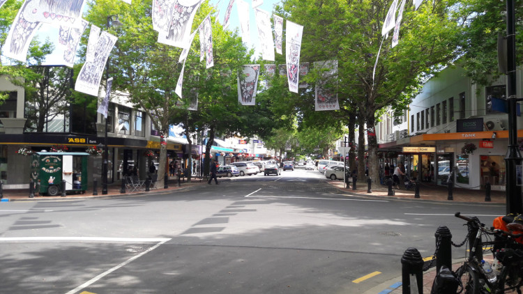 An intersection in a town centre with trees providing shade.