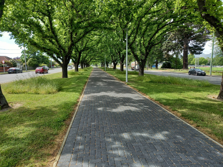 A wide footpath running through green space with trees to both sides. To path sits between driving directions of a road.