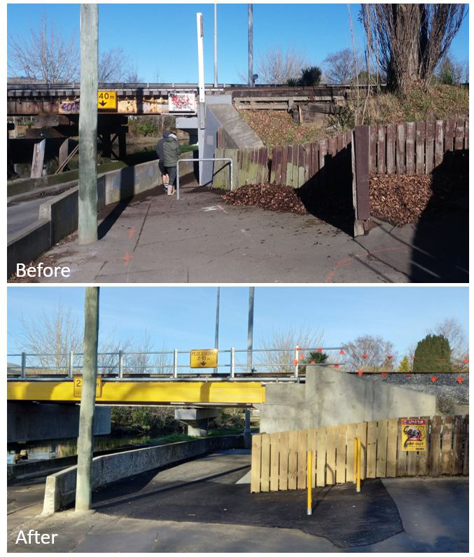 Image shows a narrow footpath below a rail bridge and then an image of the path widened as part of the rail bridge replacement 