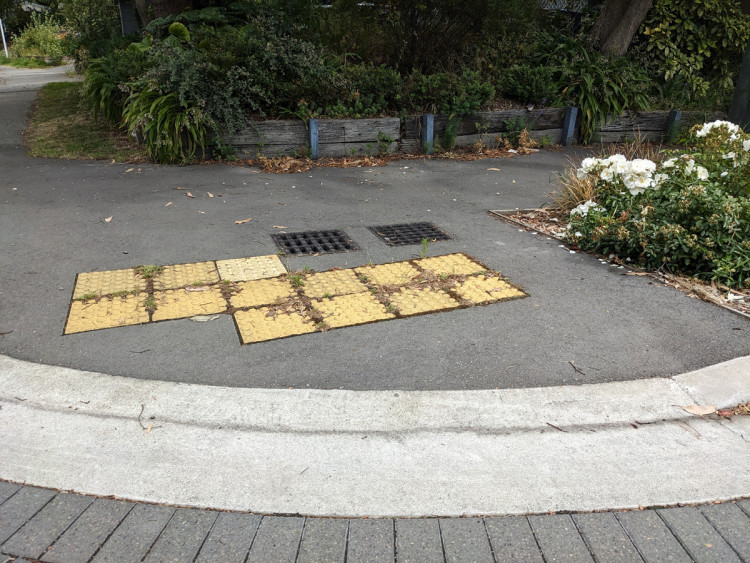 Yellow square on ground with weeds growing around tactile pavers, making them harder to detect.