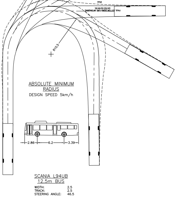 Black and white sketch of turning template for 12.5m bus