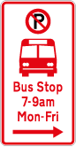 No parking symbol between 7-9am bus symbol bus stop with right arrow