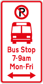 No parking symbol between 7-9am bus symbol bus stop with two-way arrow