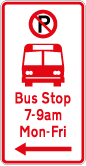 No parking symbol between 7-9am bus symbol bus stop with left arrow