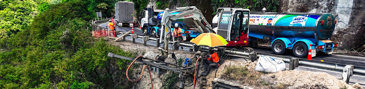 SH2 Tangoio Falls underslip being repaired with soil anchors being driven into the hillside