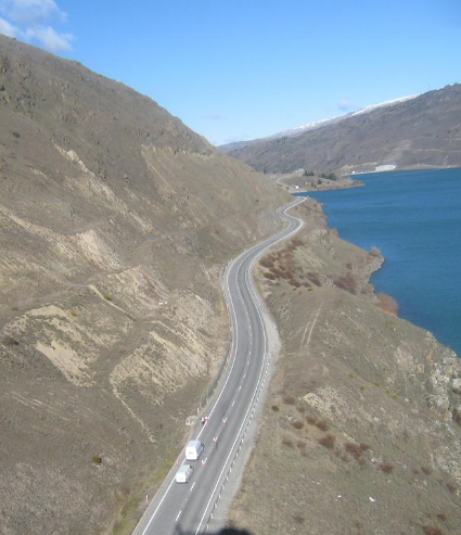 The Cromwell Gorge, State Highway 8, following the Clutha River.