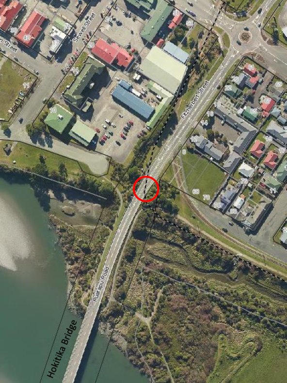 Map of the railway line replacement, north side of the Hokitika River Bridge.
