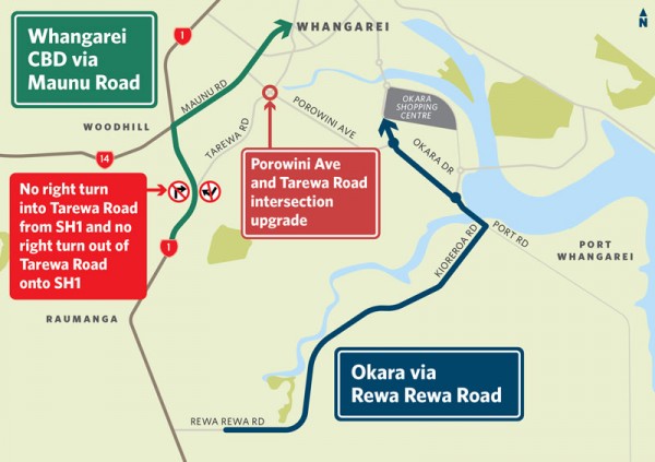 Instead of turning right into Tarewa Road, SH1 traffic can follow detours via Ma