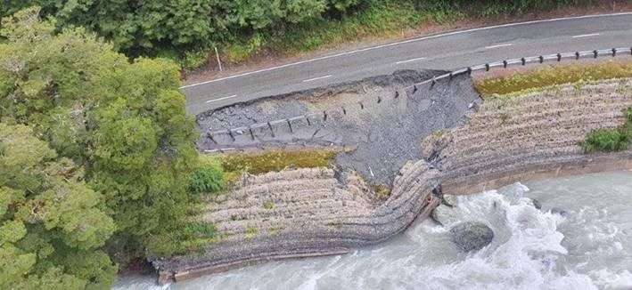Part of the damaged Milford Road highway, SH94, where gabion baskets will need to be replaced