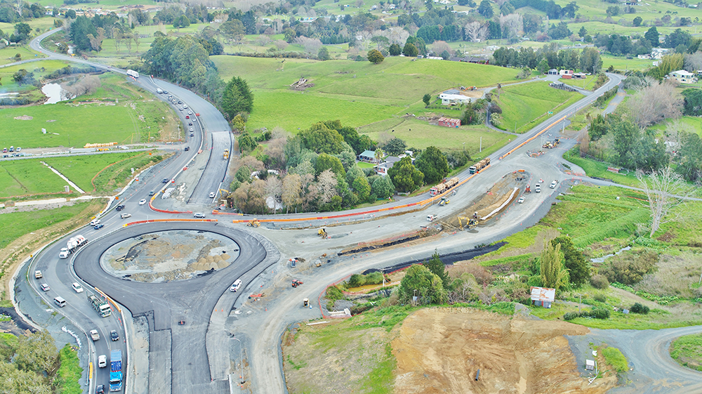 Aerial view of the Loop Road roundabout n SH1