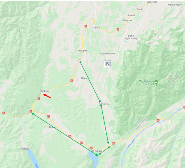 Map showing detour route south of Motupiko. Red arrow shows the location of the work at Glenhope. Green line, detour route via St Arnaud in both directions.