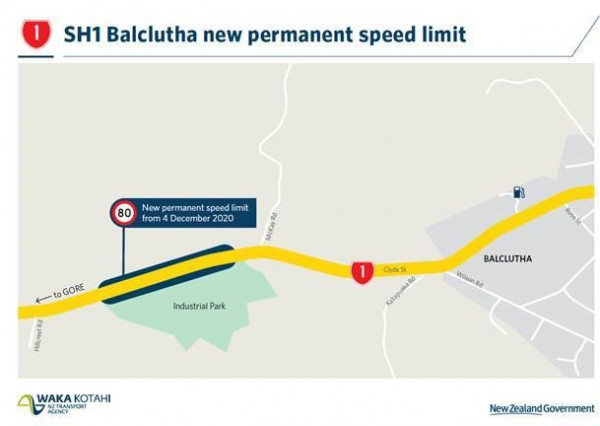 Map showing the SH1 Balcultha new permanent speed limit