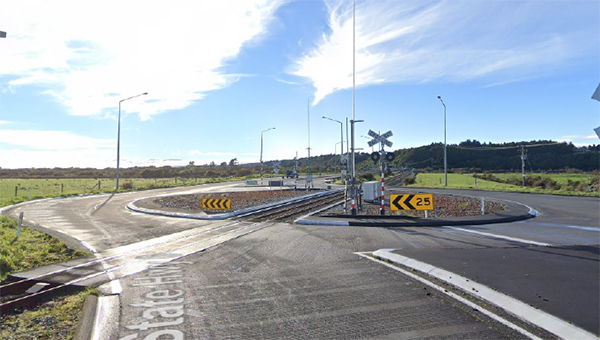 The Arahura roundabout - a large roundabout with a rail crossing going through the middle