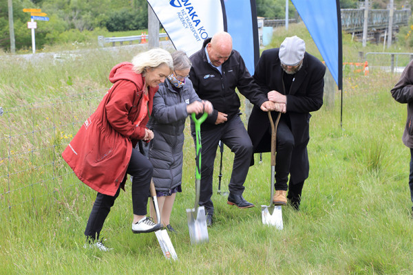 Spades at the ready: Left to right, Taieri MP Ingrid Leary, iwi representative Maureen Wylie, Clutha District Mayor Bryan Cadogan and Waka Kotahi NZ Transport Agency Director Regional Relationships James Caygill at yesterday’s Beaumont Bridge project sod-