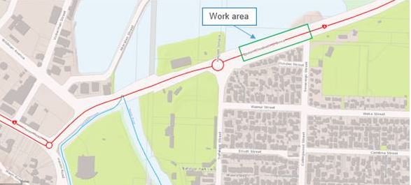 Map showing location of work area on State Highway 6, QEII Drive east of the Trafalgar Street roundabout: