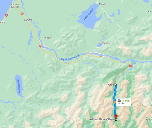 Map showing location of delays between Otira and Arthur's Pass.