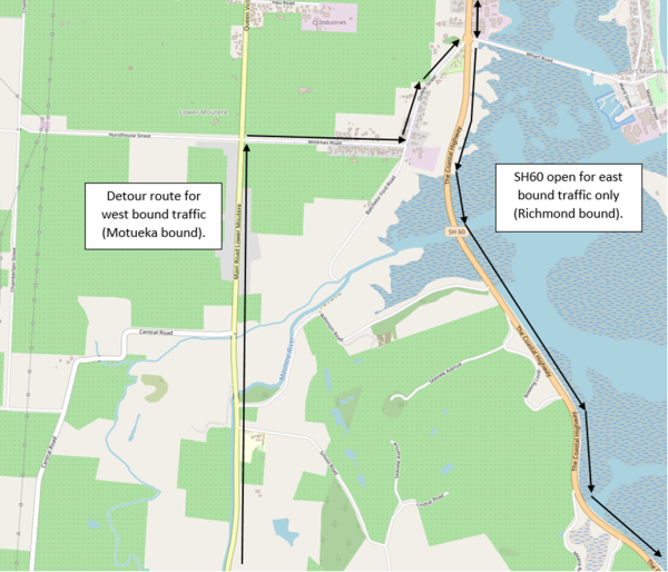 Map showing location of closure along SH60 and the detour route
