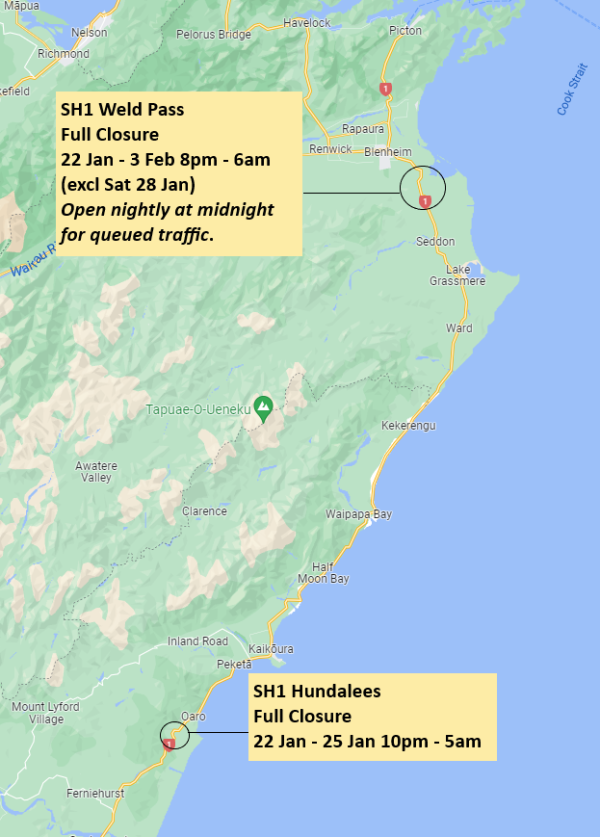 Map showing location of closures along SH1