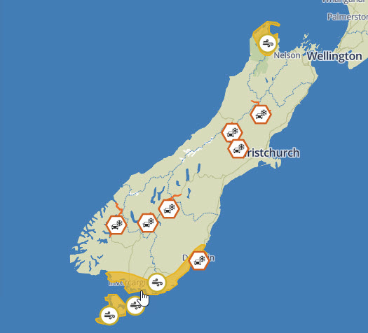 Metservice severe weather warning map of South Island