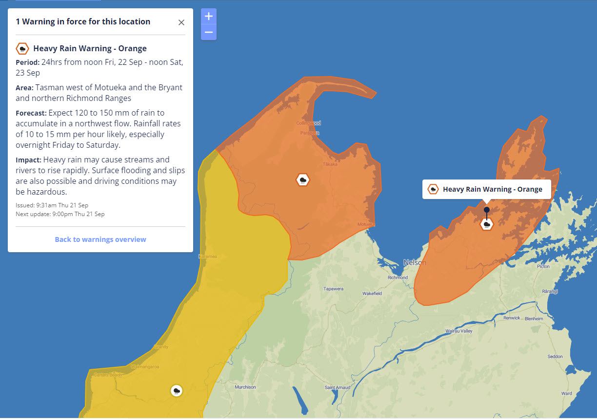 metservice map showing orange coloured parts of top of the south as warning for heavy rain