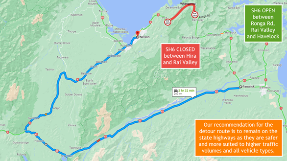 Detour map - connecting residents in the closure zone. State Highway 6 Whangamoa closure update