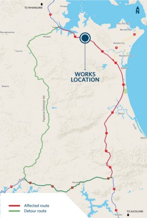 Map showing Sunday and Monday night detour 9pm – 5am when SH1 will be closed