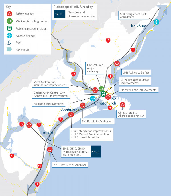 Map showling locations of Waitaha | Canterbury projects funded by the 2021–24 NLTP