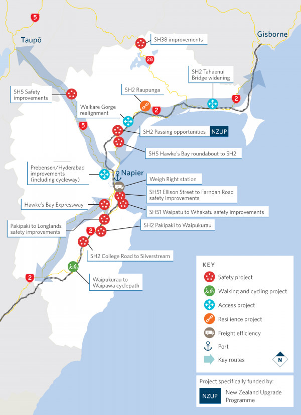 Map showling locations of Te Matau a Māui | Hawke’s Bay projects funded by the 2021–24 NLTP