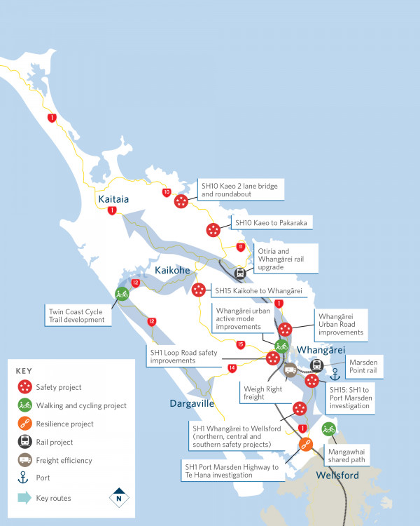 Map showling locations of Te Tai Tokerau | Northland projects funded by the 2021–24 NLTP