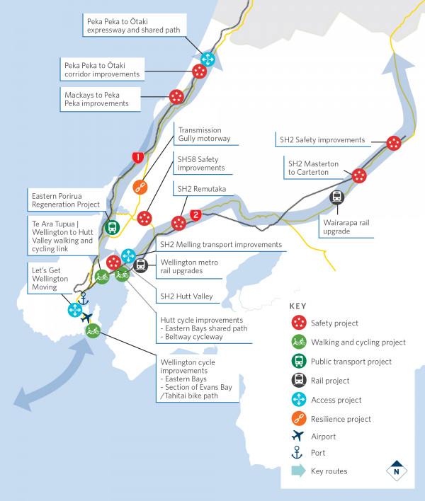 Map showling locations of Te Whanganui a Tara | Wellington projects funded by the 2021–24 NLTP