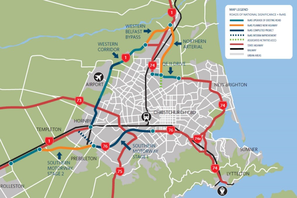 Map of Christchurch motorway network