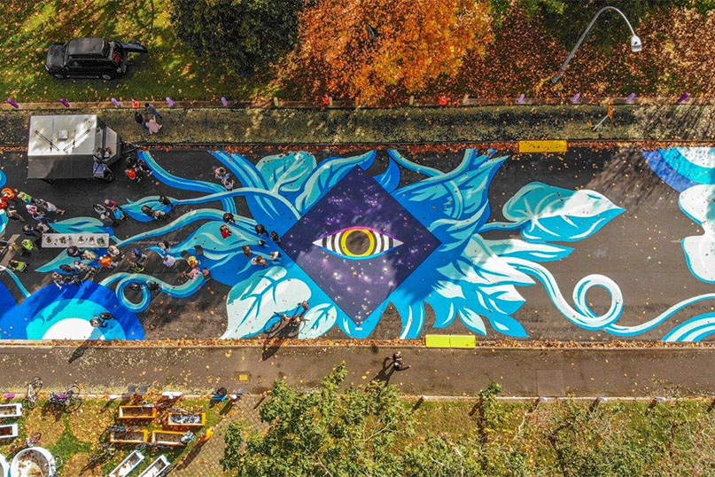 Street art painted on pedestrian zone seen from above