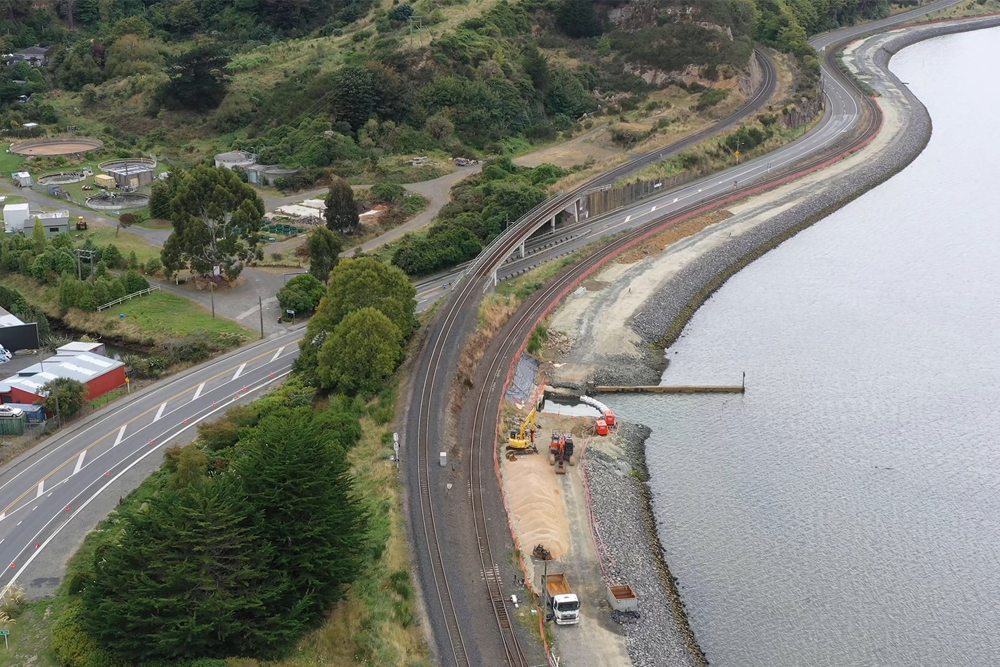 New cyclepath being constructed with the railway line on the left and the sea on the right..