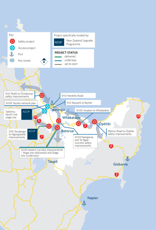 Map showing location of key projects in the Bay of Plenty region