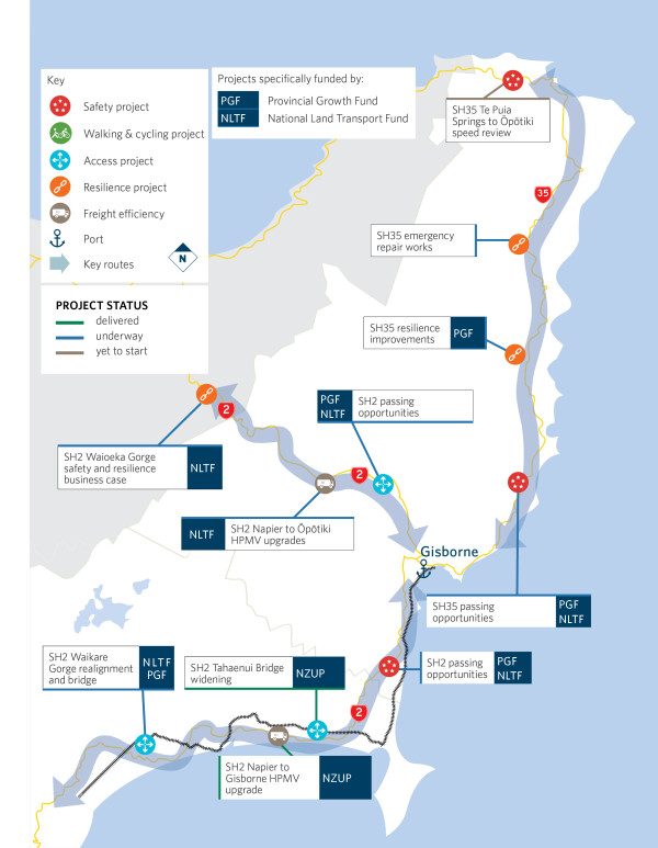 Map showing location of key projects in the Gisborne region