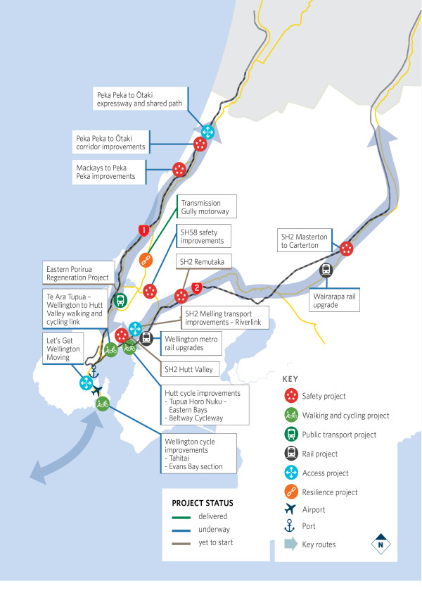 Map showing location of key projects in the Wellington region