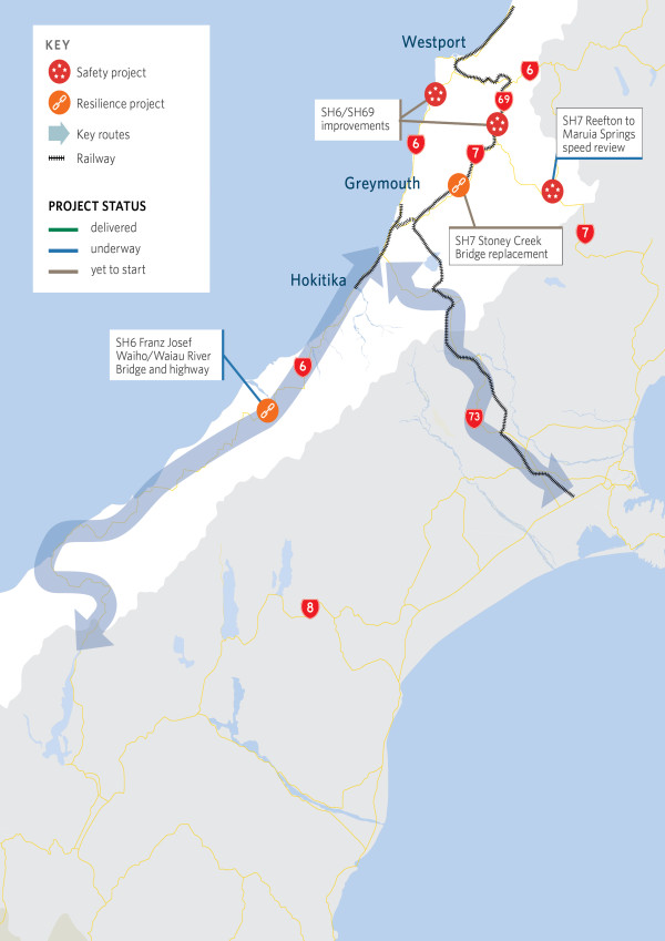 Map showing location of key projects in the West Coast region
