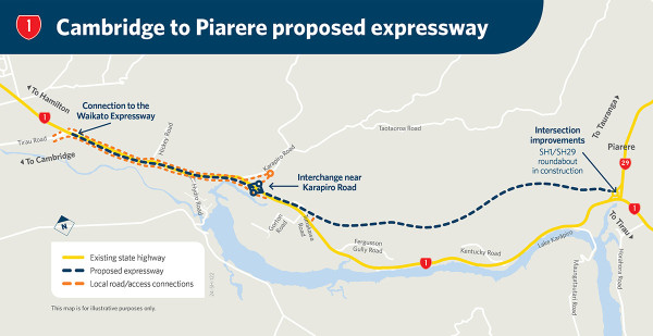 Map showing proposed route from Cambridge to Piarere