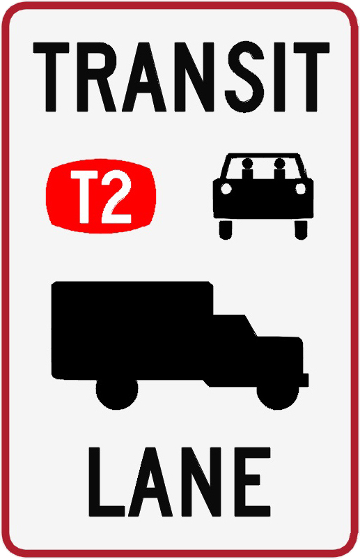 Transit Lane T2 sign showing car icon with two passengers and a truck icon