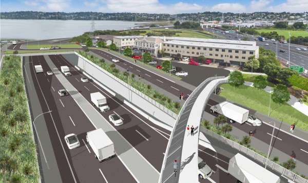 View of new East West Link road in trench (in relation to Onehunga Harbour Road)