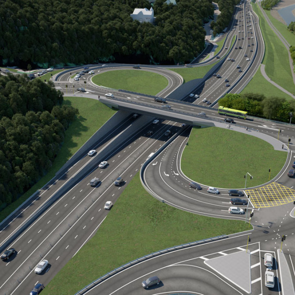 An artist concept the highway interchange with trees and a river flowing nearby.