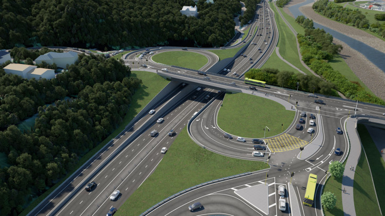 An artist concept the highway interchange with trees and a river flowing nearby.