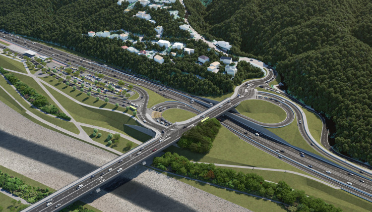 An artist concept the highway interchange with trees and a river flowing nearby.