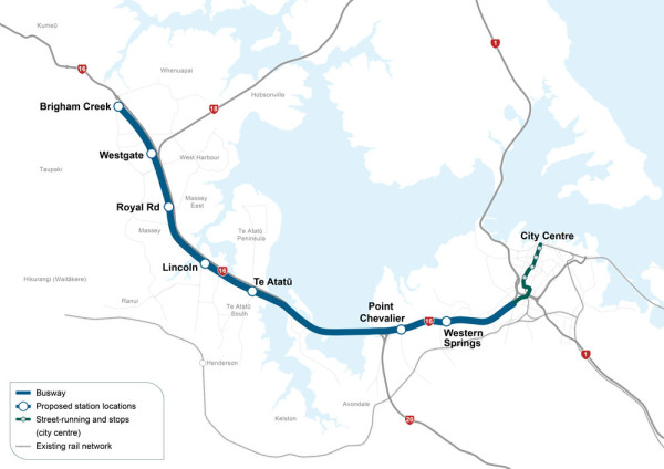 Map showing northwest rapid transit route along SH16 between Brigham Creek and Auckland city centre.